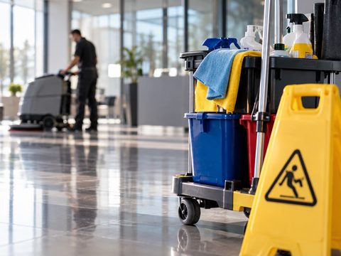 Καρότσι καθαρισμού με πανιά και κουβάδες σε φωτεινό χολ εισόδου, στο βάθος μια μηχανή καθαρισμού δαπέδων