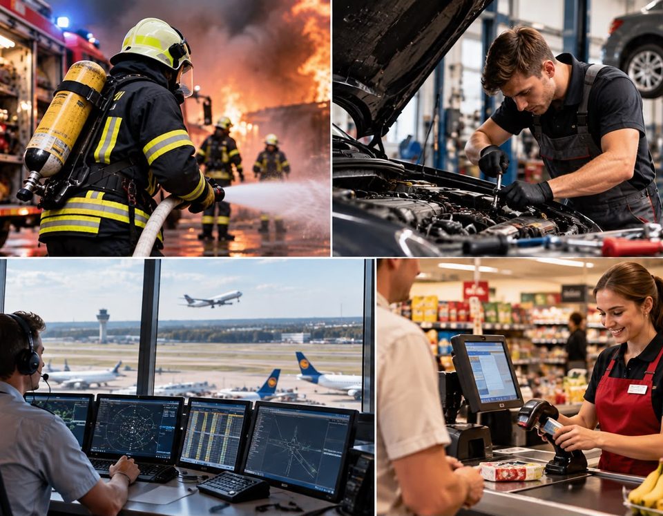 Τέσσερα επαγγέλματα σε μία εικόνα, πυροσβεστική, συνεργείο αυτοκινήτων, έλεγχος εναέριας κυκλοφορίας και ταμείο σούπερ μάρκετ