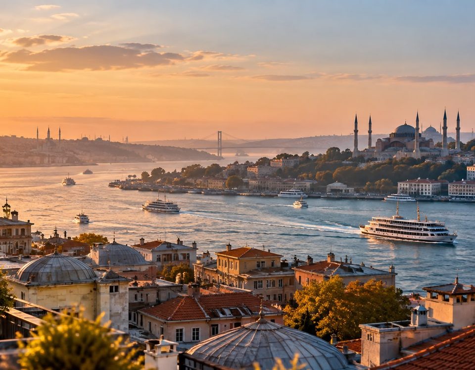 Blick über die Dächer von Istanbul auf den Bosporus mit Fähren am frühen Morgen