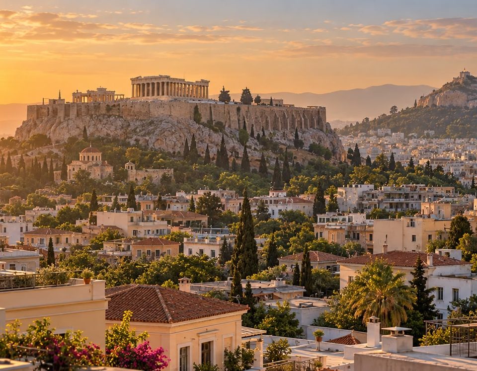 view over the rooftops of Athens to the Acropolis in evening light