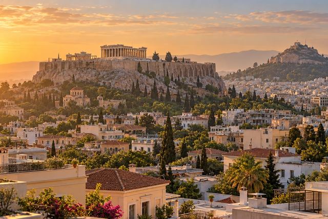 Θέα πάνω από τις στέγες της Αθήνας προς την Ακρόπολη στο φως του δειλινού