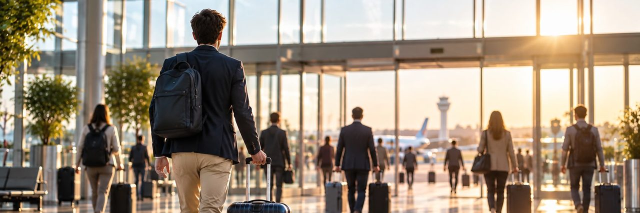 Ταξιδιώτης με βαλίτσα με ροδάκια περπατά σε φωτεινή αίθουσα αφίξεων προς τις γυάλινες πόρτες, από πίσω