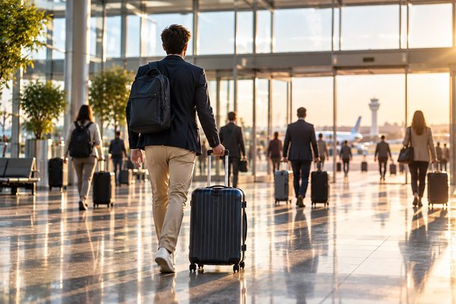 Ταξιδιώτης με βαλίτσα με ροδάκια περπατά σε φωτεινή αίθουσα αφίξεων προς τις γυάλινες πόρτες, από πίσω